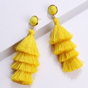Four-Layer Long Tassel Earrings Yellow